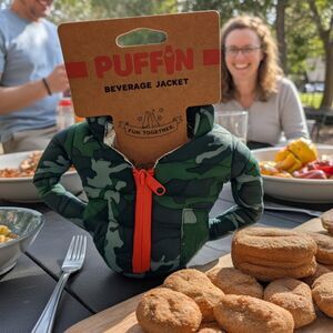 New Puffin Camo Beverage Jacket Coozy Novelty Hunter Gift